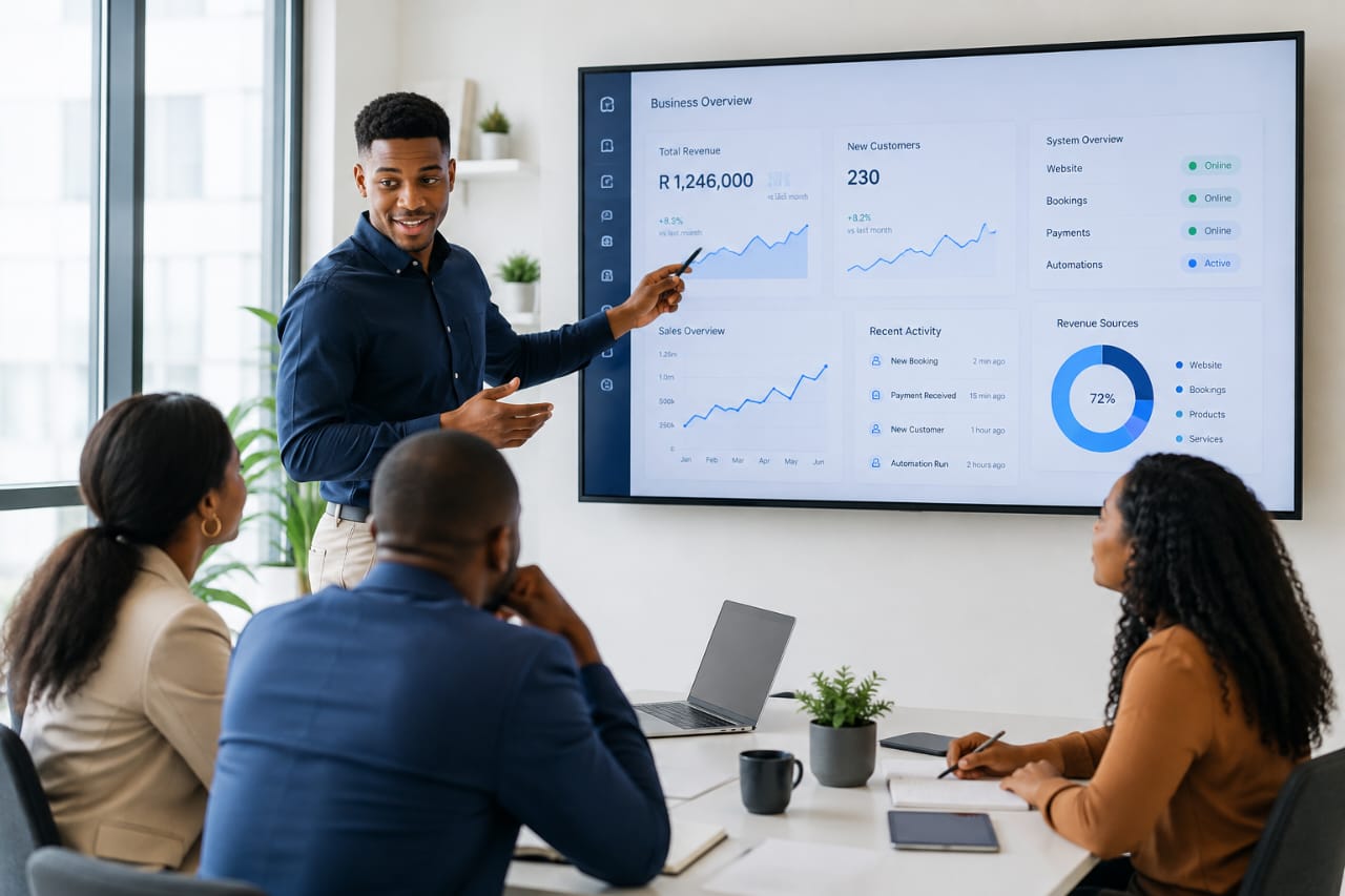 Business technology consultant presenting a digital business system dashboard to business owners
